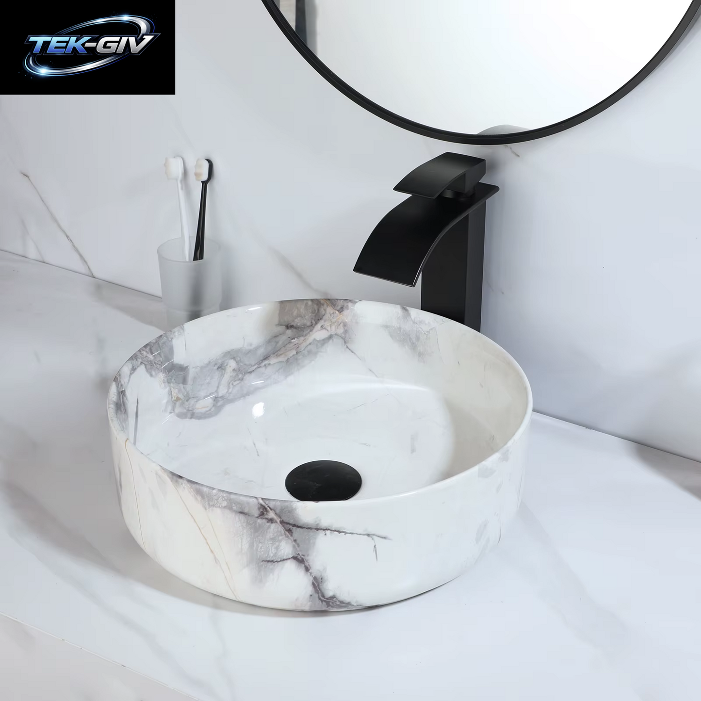 KEMAIDI Badezimmer-Waschbecken-Wasserhahn-Kombination, 35,6 Cm, Schüsselwaschbecken, Roségold, Waschbecken, Rundes Keramikwaschbecken Für Badezimmer, Theke