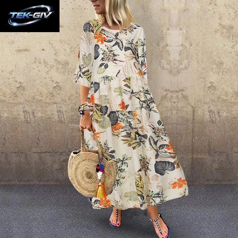 Damen Sommerkleid Mit Kurzen Ärmeln, ZANZEA Damenkleid Mit Blumenmuster, Bohemian-Stil, Elegant, Lässig, Übergroß, Lange Urlaubskleider
