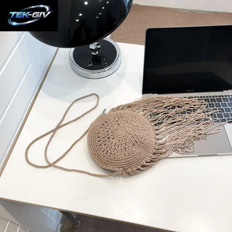 Yogodlns Mode Runde Hand-Gewebt Frau Schulter Tasche Sommer Reise Einkaufen Stroh Strand Taschen Quasten Weibliche Kleine Umhängetasche