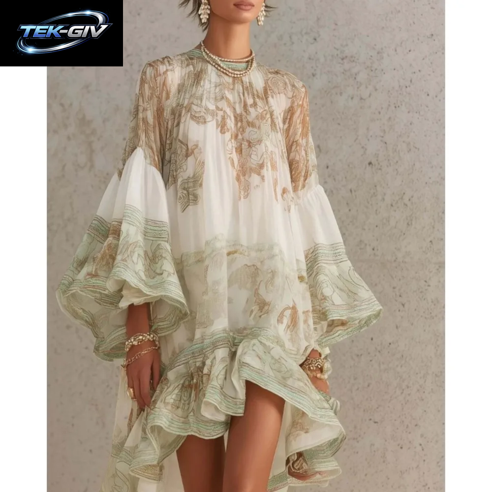 Modisches Bedrucktes Chiffon-Trompetenkleid Mit Langen Ärmeln Für Damen, Frühling Sommer Neues Elegantes Strandkleid Für Urlaub, Locker Geschnittenes Kleid 2026