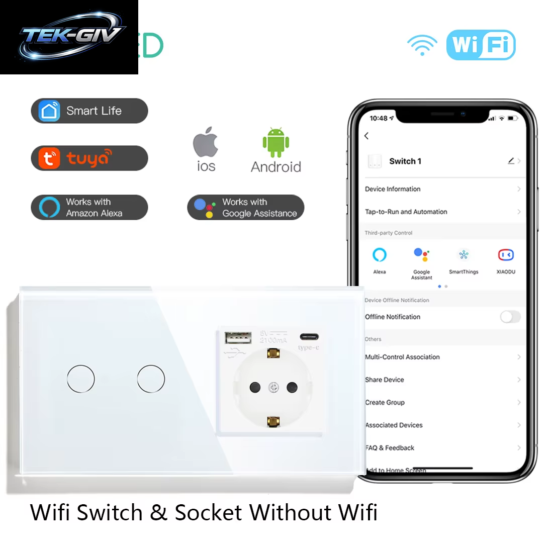 BSEED Wifi Touch Schalter Wand Licht Schalter Mit EU Buchse USB Typ-C Stecker Tuya Smart Leben Alexa Yandex App Steuerung Glas Panel