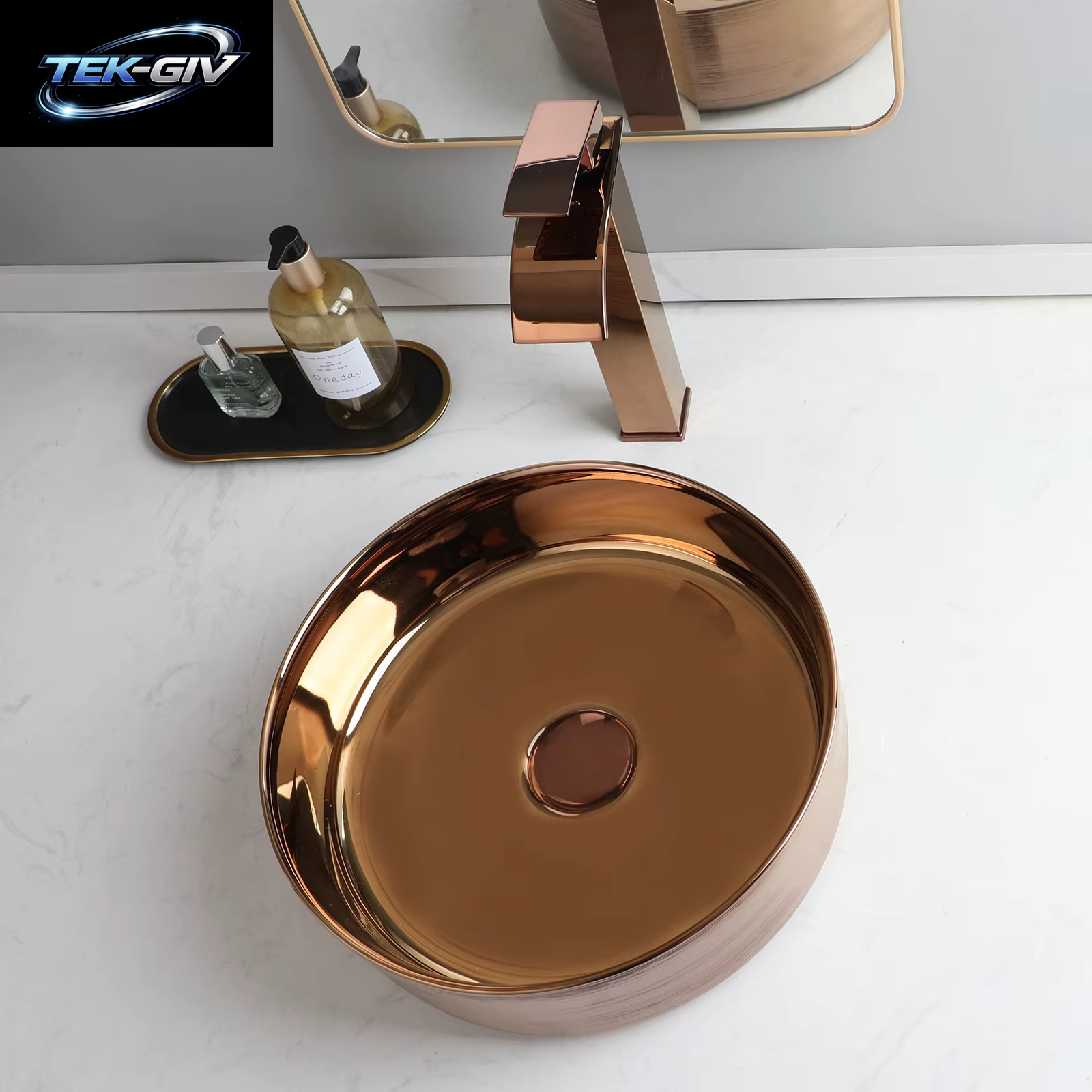 KEMAIDI Badezimmer-Waschbecken-Wasserhahn-Kombination, 35,6 Cm, Schüsselwaschbecken, Roségold, Waschbecken, Rundes Keramikwaschbecken Für Badezimmer, Theke