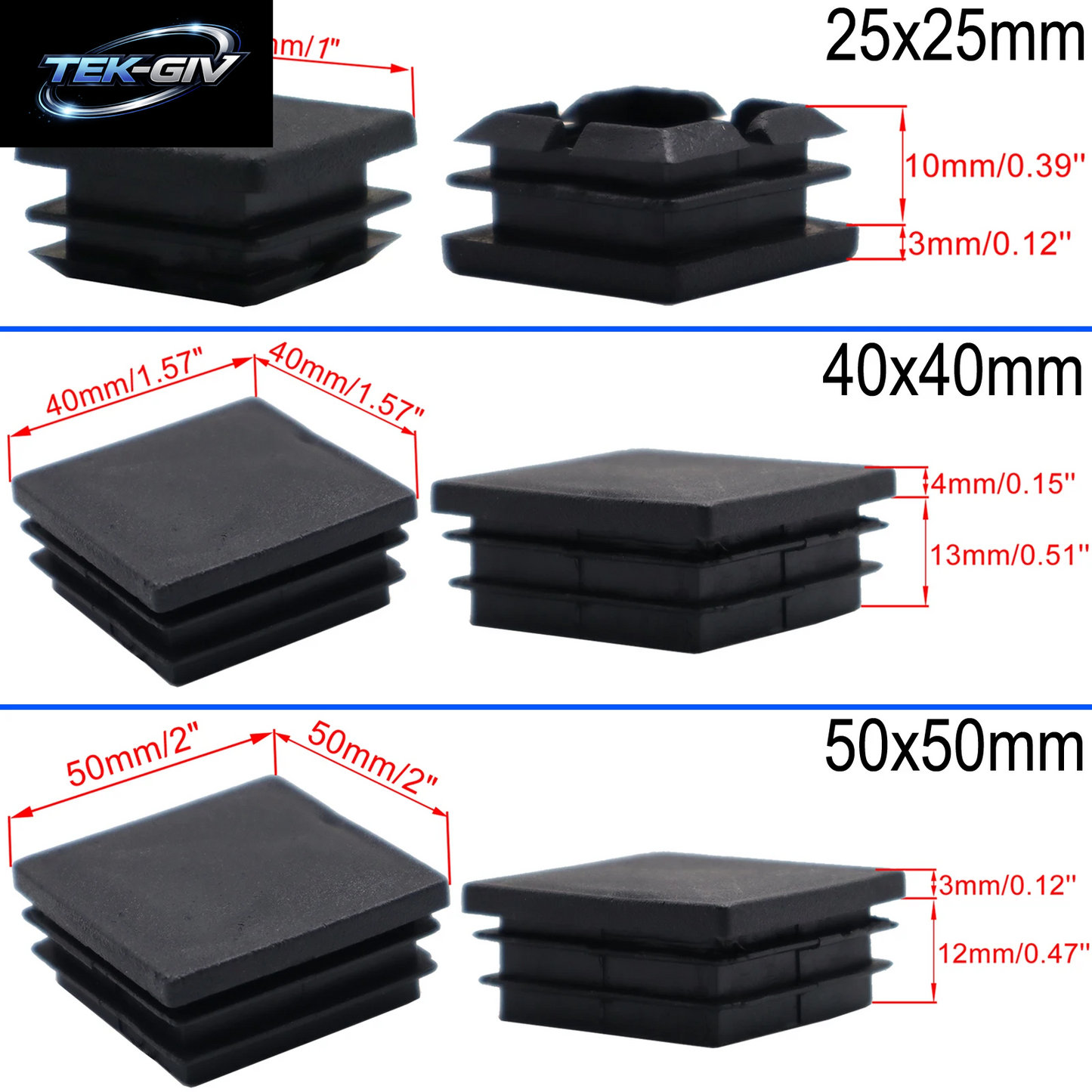 4Pcs Schwarz Stanzen End Caps Platz Rohr Einsätze Rohr Box Abdeckung Bungs Stecker Home Möbel Füße DIY Zubehör 25/40/50Mm