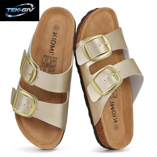 Litfun Damen Kork-Sandalen: Bequeme Leder-Pantoletten Mit Fußgewölbestütze Für Sommer Und Strand, Mit Verstellbarer Schnalle