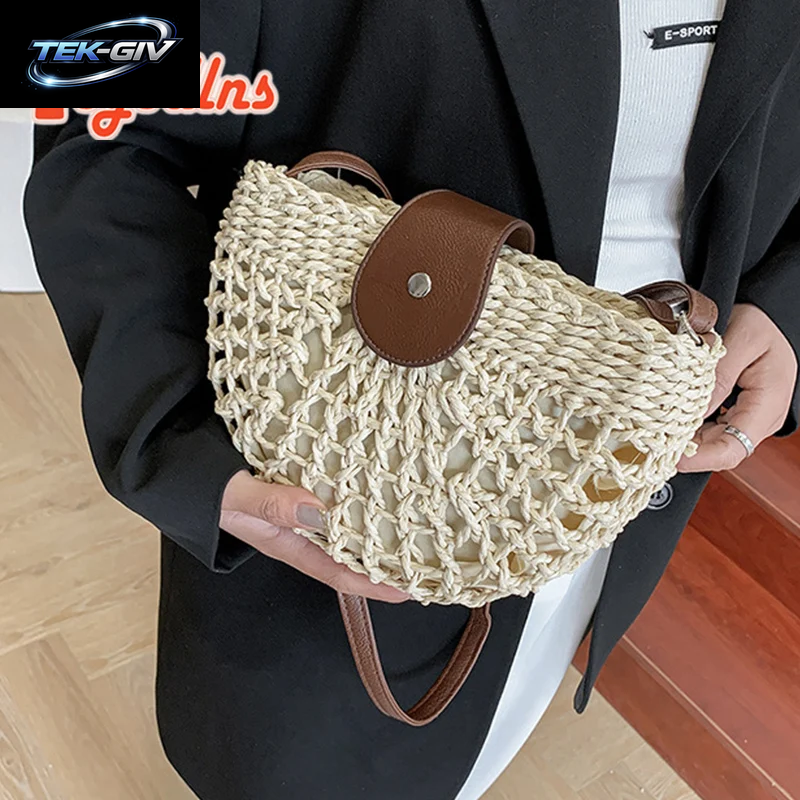 Yogodlns Sommer Stroh Tasche Für Frauen Mode Halbkreis Umhängetaschen Rattan Handgemachte Messenger Handtasche Reise Strand Taschen Tote