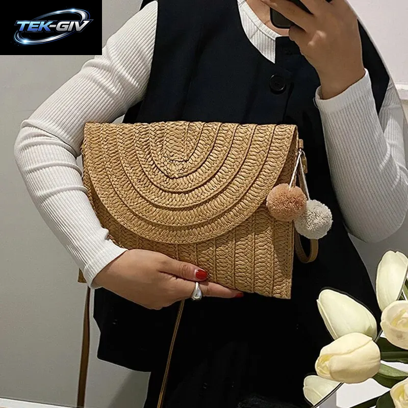 Handgemachte Stroh Strand Schulter Umhängetasche Mädchen Umschlag Gewebt Sommer Kleine Haar Ball Clutch
