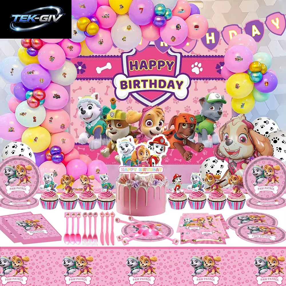 Rosa Paw Patrol Skye Geburtstag Party Dekorationen Skye Folie Latex Ballons Geschirr Teller Hintergrund Für Kinder Mädchen Party Supplies