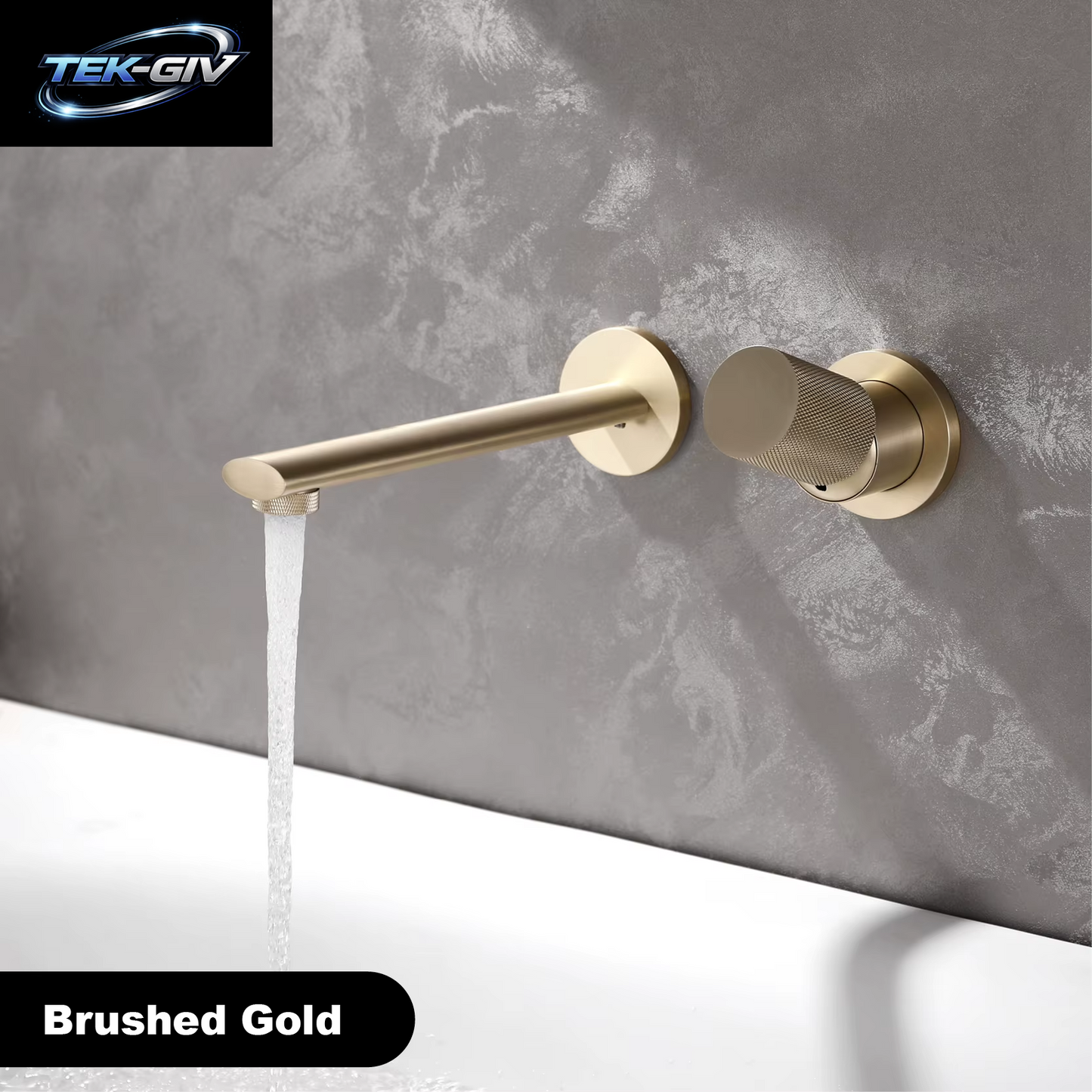Luxuriöser, an Der Wand Montierter Badezimmerhahn Aus Gebürstetem Goldmessing Mit Einstellbarem Wasservolumen. Eingebettetes Design Für Warm- Und Kaltwasser-Waschtischarmaturen