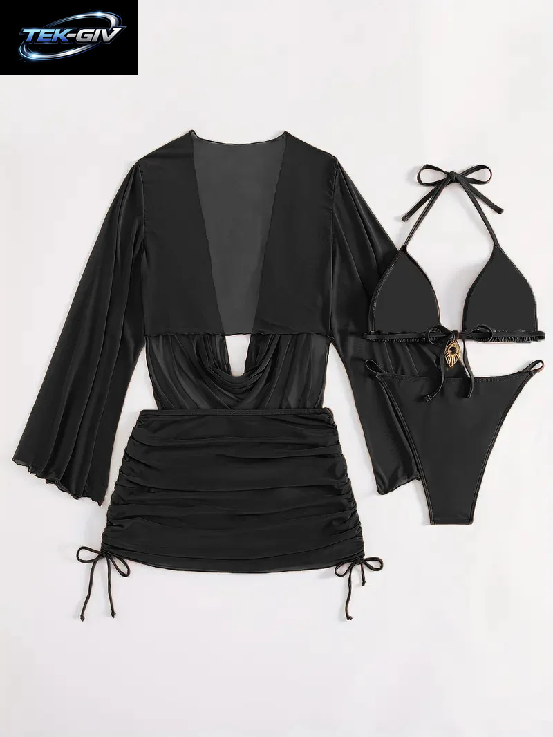 4-Teiliges Sexy Einfarbiges Bikini-Set Mit Transparentem Überzug, Geeignet Für Urlaub, Strandparty, Perfekt Für Neujahr Und Valentinstag