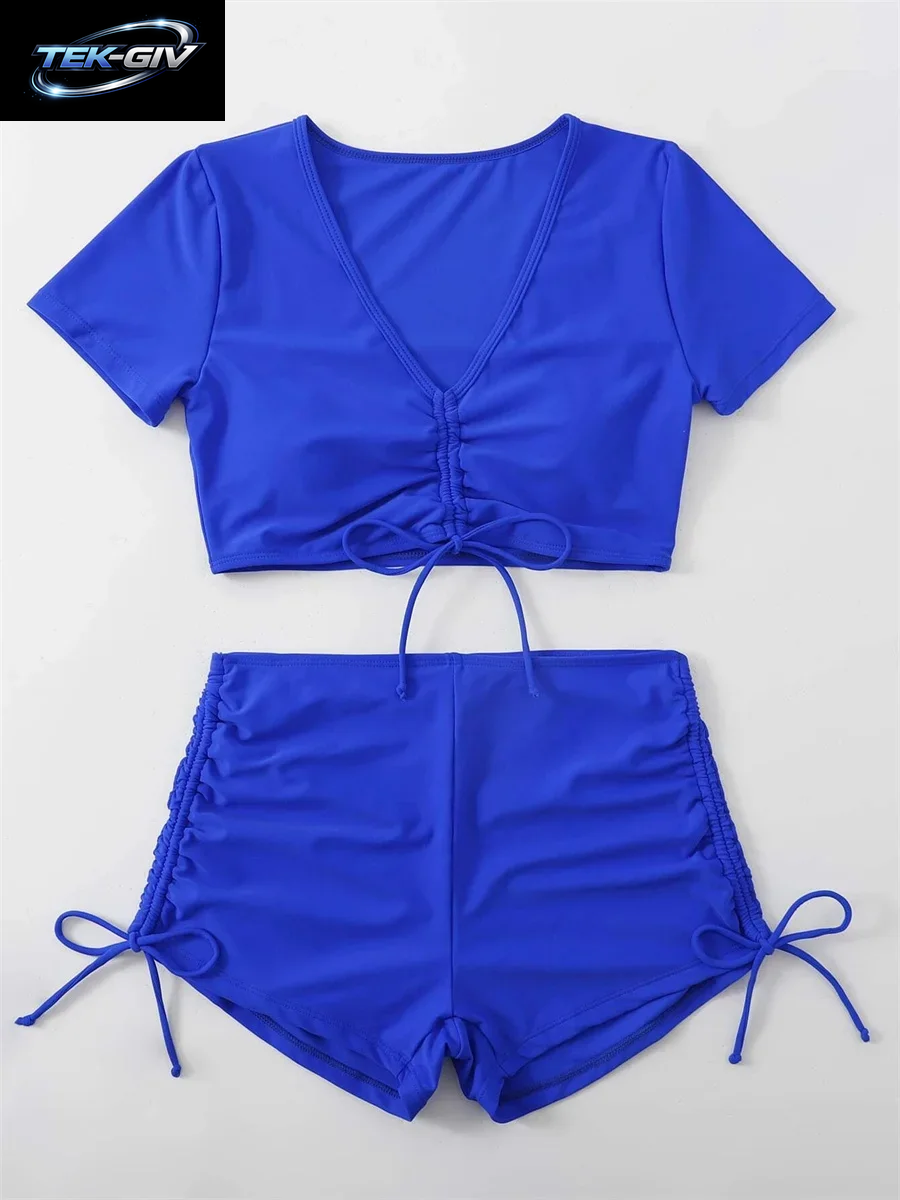 Sexy Bikini-Set Mit Kordelzug 2026 Damen Grün Schwarz Kurzarm Zweiteiliger Badeanzug Sommer Bademode Plissierter Hochgeschnittener Badeanzug