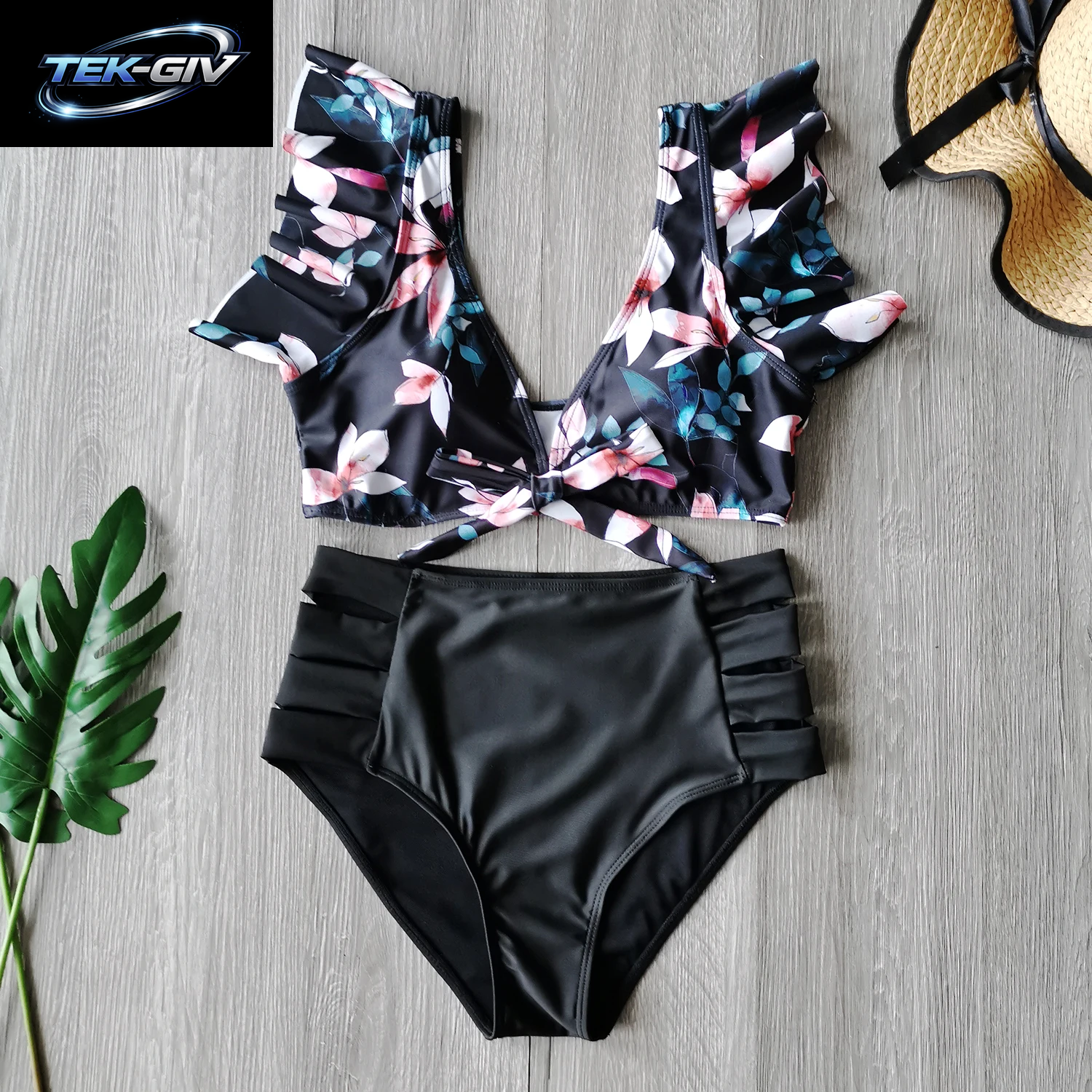 2026 High-Waist Bandage Bikini-Set Für Damen Mit Blumenmuster, Rüschen, Push-Up Und Riemchen – Brasilianischer Biquini Badeanzug