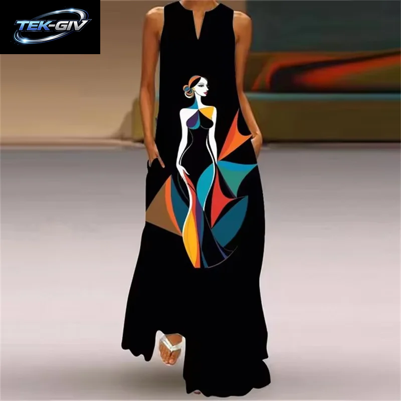 Sommer Outdoor Street Fashion Frauen Langes Kleid Neue Abstrakte Kunstdruck Kleid Ärmellose Weste V-Ausschnitt Mode Frauen Party Kleid