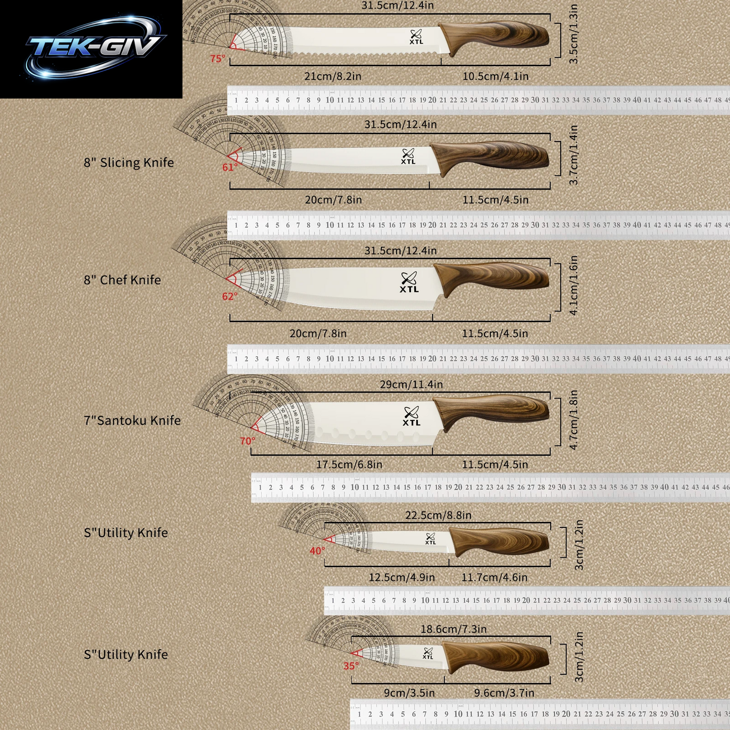 6-Teiliges Küchenmesser-Set Mit Keramikbeschichtung Edelstahl-Kochmesser-Set Mit 6 Klingenschutzvorrichtungen Und Holzgriff