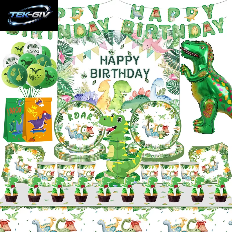Dinosaurier Geburtstag Party Dekoration Papier Geschirr Set Tassen Teller Tischdecke Thema Luftballons Glücklich Hintergrund Liefert Für Kinder Jungen