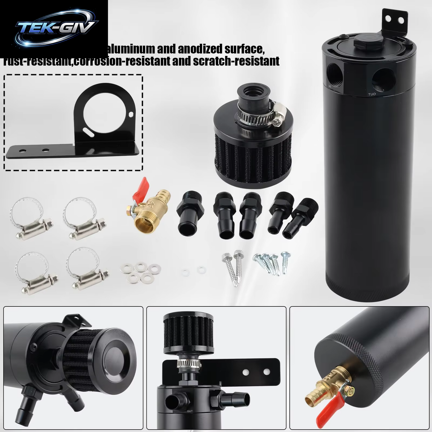 2-Port Schwarz 750Ml Ölfangdose Kit, Universelle Verblüffte Ölfangdose Reservoir Tank Mit Entlüftung Filter Und Ablass Ventil