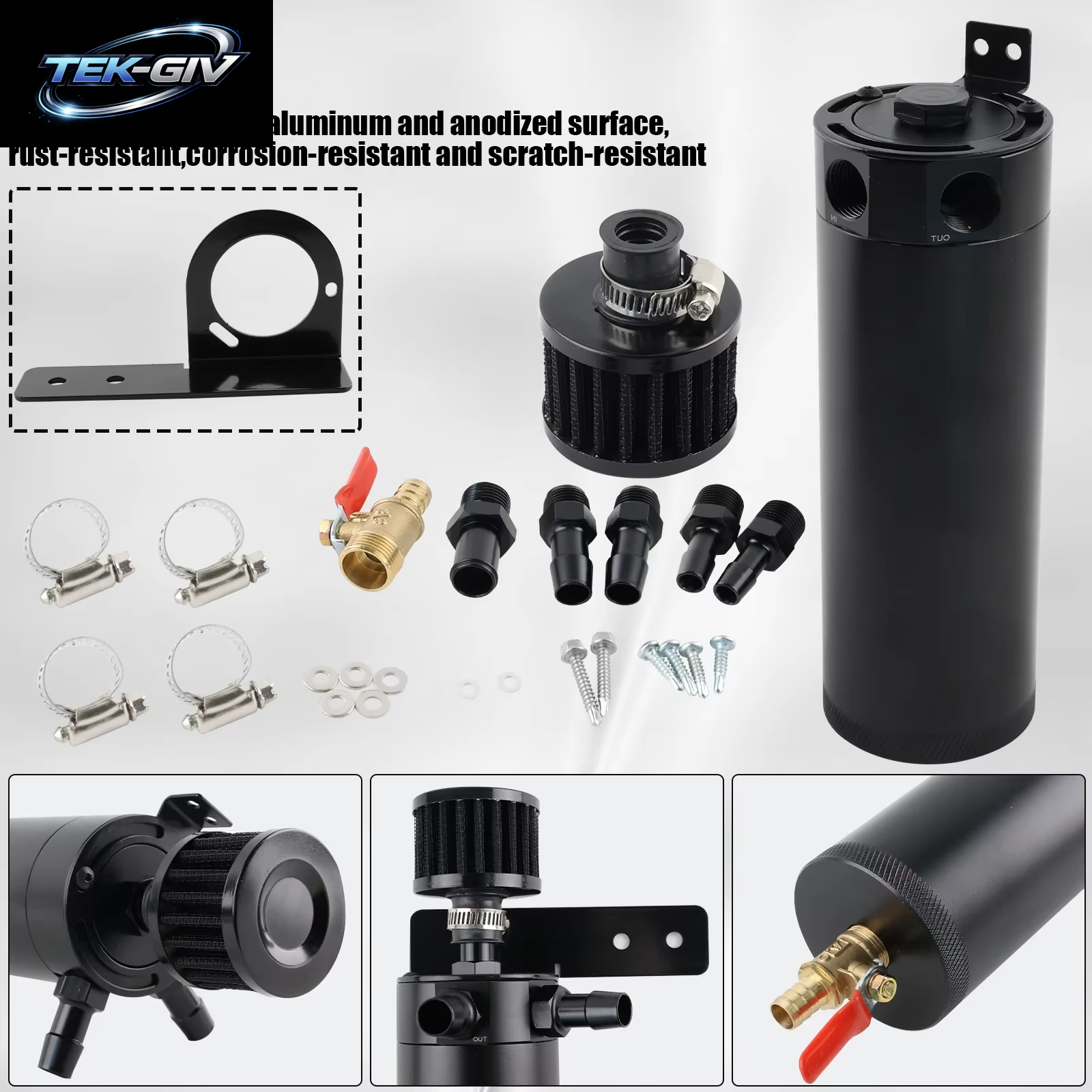 2-Port Schwarz 750Ml Ölfangdose Kit, Universelle Verblüffte Ölfangdose Reservoir Tank Mit Entlüftung Filter Und Ablass Ventil