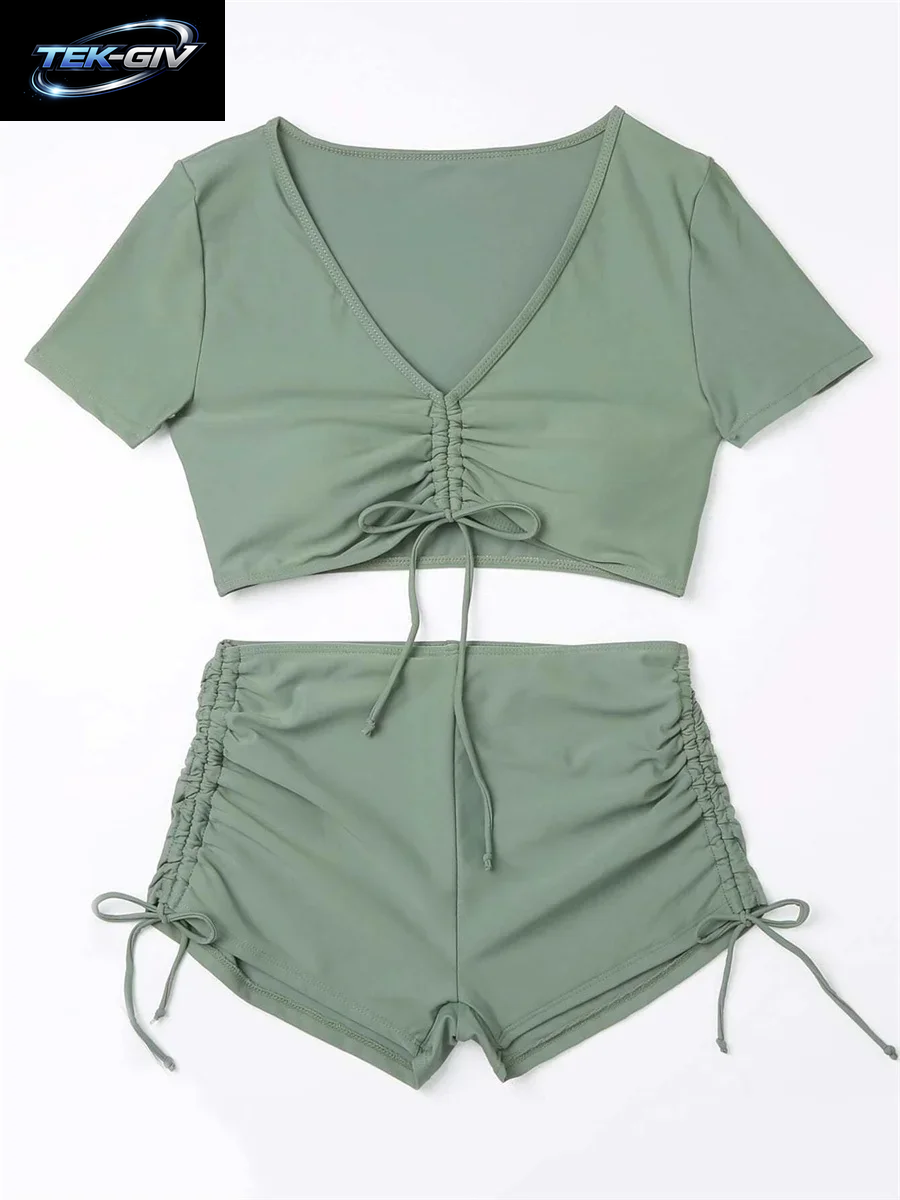 Sexy Bikini-Set Mit Kordelzug 2026 Damen Grün Schwarz Kurzarm Zweiteiliger Badeanzug Sommer Bademode Plissierter Hochgeschnittener Badeanzug
