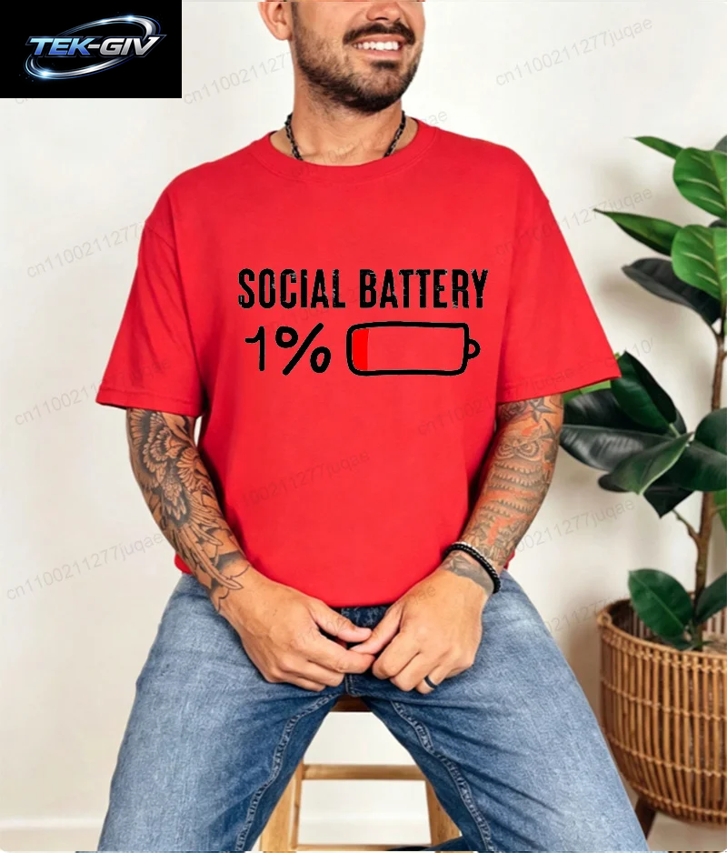 T-Shirt Für Männer, Social Battery 1 Percent, Lustiges Introvert-T-Shirt, Herren-Tops, Freizeitkleidung, Übergröße, Vintage-Kleidung, Trend-T-Shirt