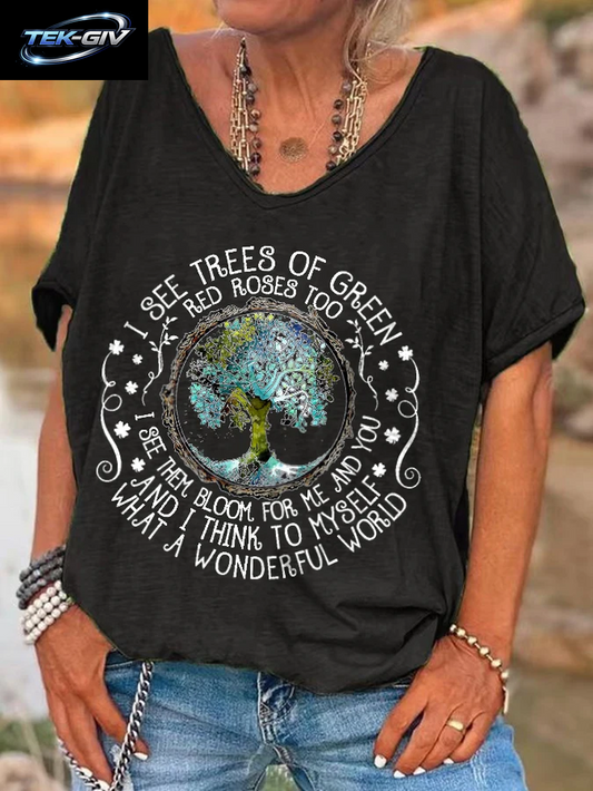 Ilstile Damen-T-Shirt Mit V-Ausschnitt, Hippie-Print „What a Wonderful World“, Sommer-Kurzarm-T-Shirt Für Damen, Oberteile, Lässige T-Shirts