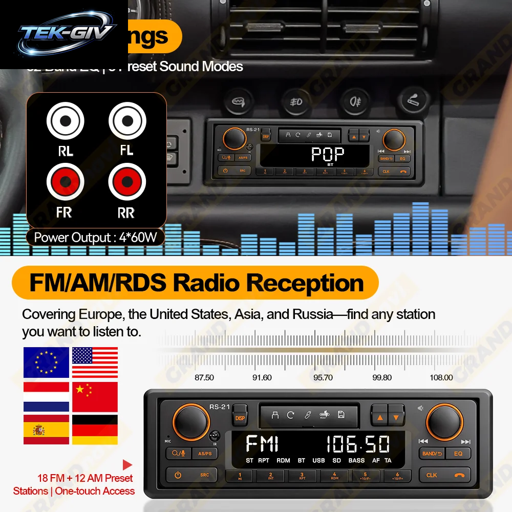 1DIN Retro Autoradio Mp3-Player Stereo Bluetooth FM AM RDS Unterstützung QC3.0 Für Porsche VW Benz BMW Land Rover Audi Alfa Romeo