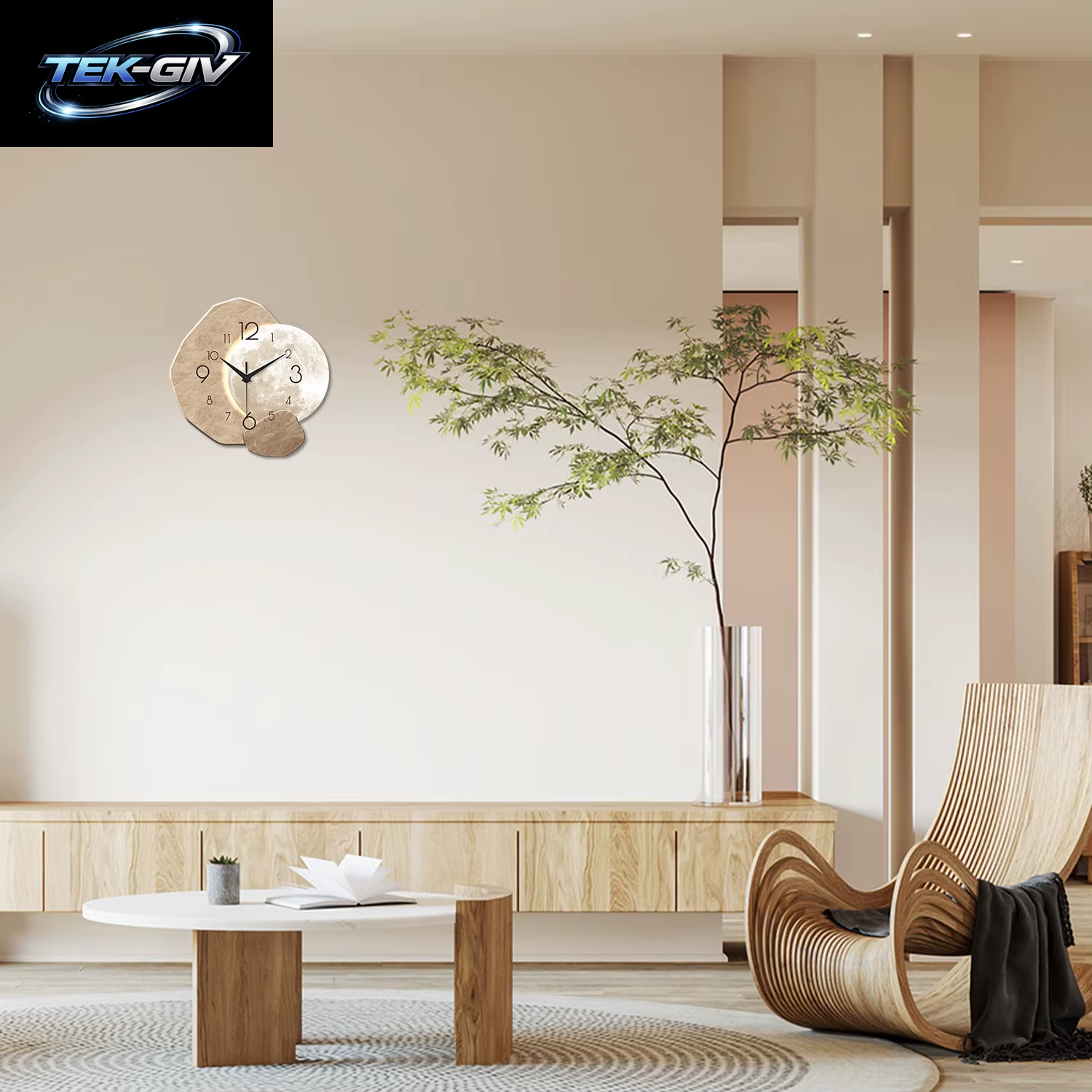 Moderne, Schlichte, Geräuschlose Wanduhr, Monddesign – Quarzwerk, Holzmaterial, Für Schlafzimmer, Wohnzimmer Oder Bürodekoration