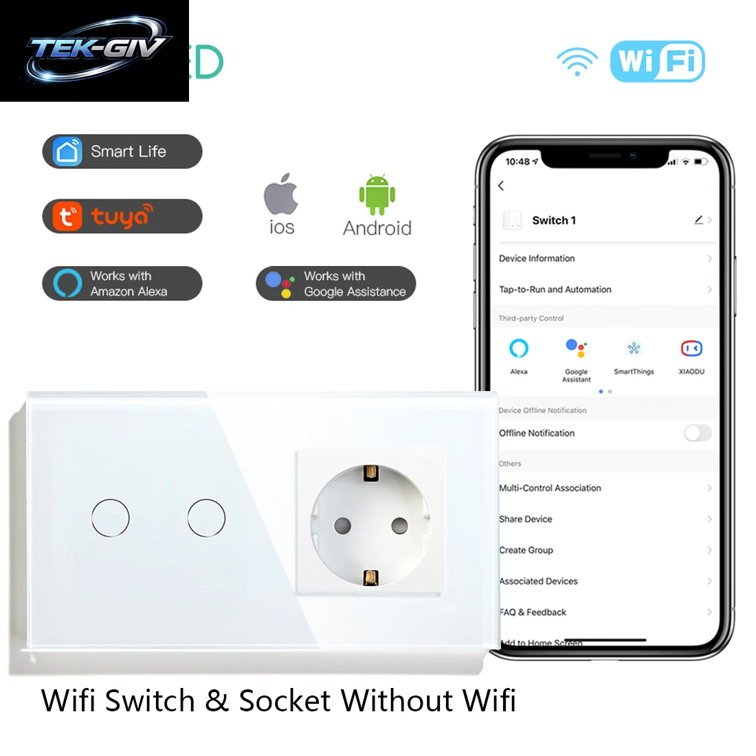 BSEED Wifi Touch Schalter Wand Licht Schalter Mit EU Buchse USB Typ-C Stecker Tuya Smart Leben Alexa Yandex App Steuerung Glas Panel