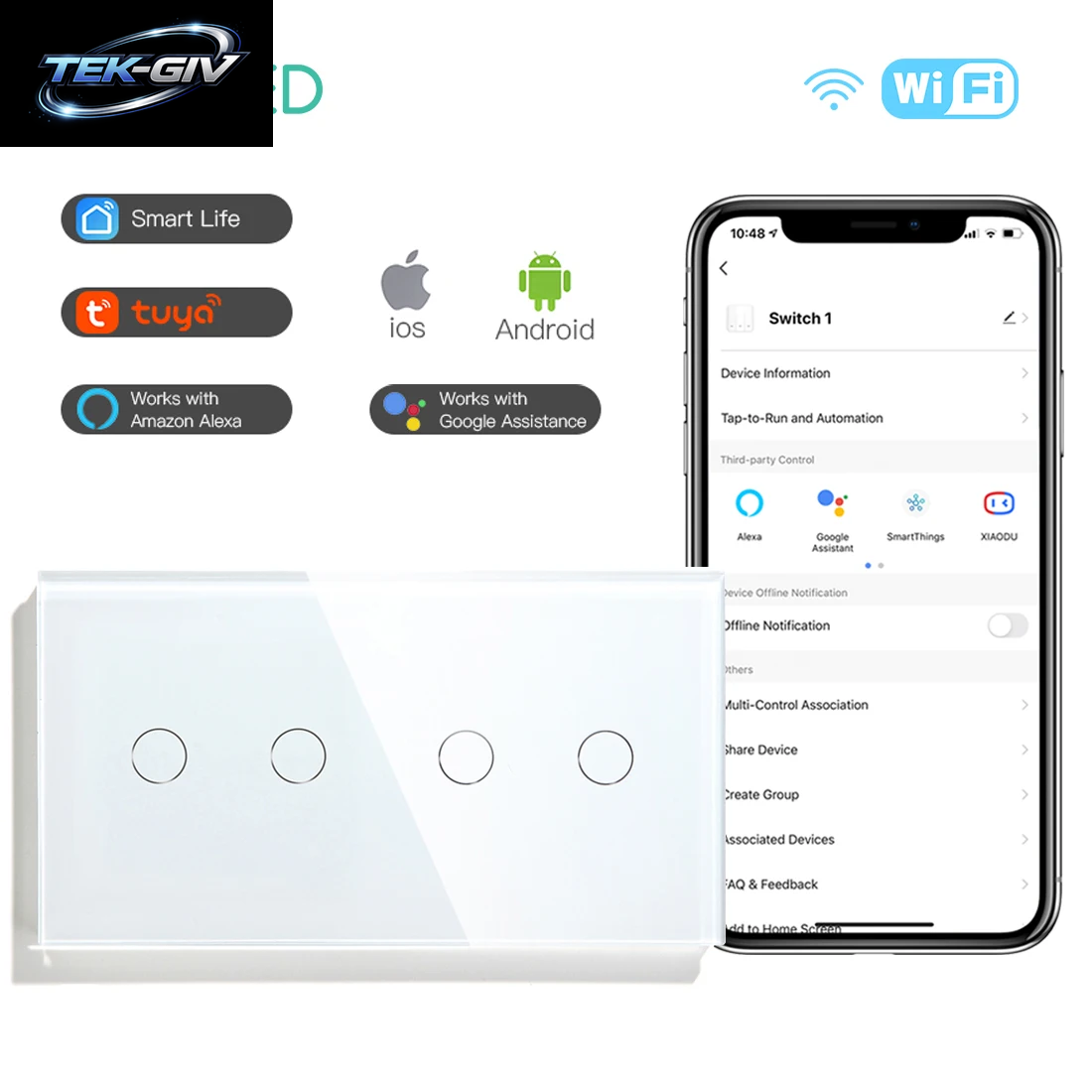 BSEED Wifi Touch Schalter Wand Licht Schalter Mit EU Buchse USB Typ-C Stecker Tuya Smart Leben Alexa Yandex App Steuerung Glas Panel