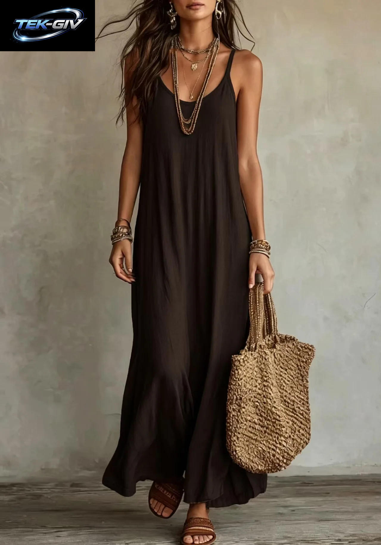 Rückenfreie Cami-Kleider Sommer Damen Boho-Kleid Spaghetti-Träger Ärmellos Lässiges Maxikleid Langes Sommerkleid Urlaubs-Strandkleidung