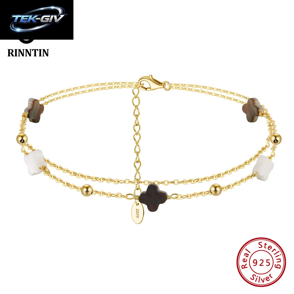 Rinntin Fußkettchen Aus Echtem 925Er-Sterlingsilber, Doppellagig, Kleeblatt-Kette, Glücksklee-Charm-Fußkettchen, Armband, Damenschmuck, GMA02