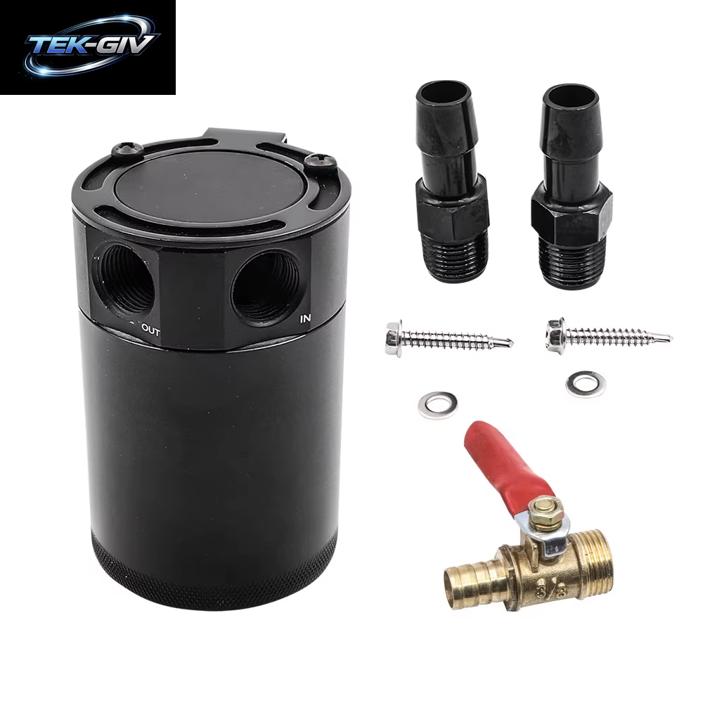 HD 2-Port-Ölfangdose Tank Kraftstoff Tank Rennen Verblüfft Mit Ablass Ventil Luftöl Abscheider Universal Schwarz Eloxiert