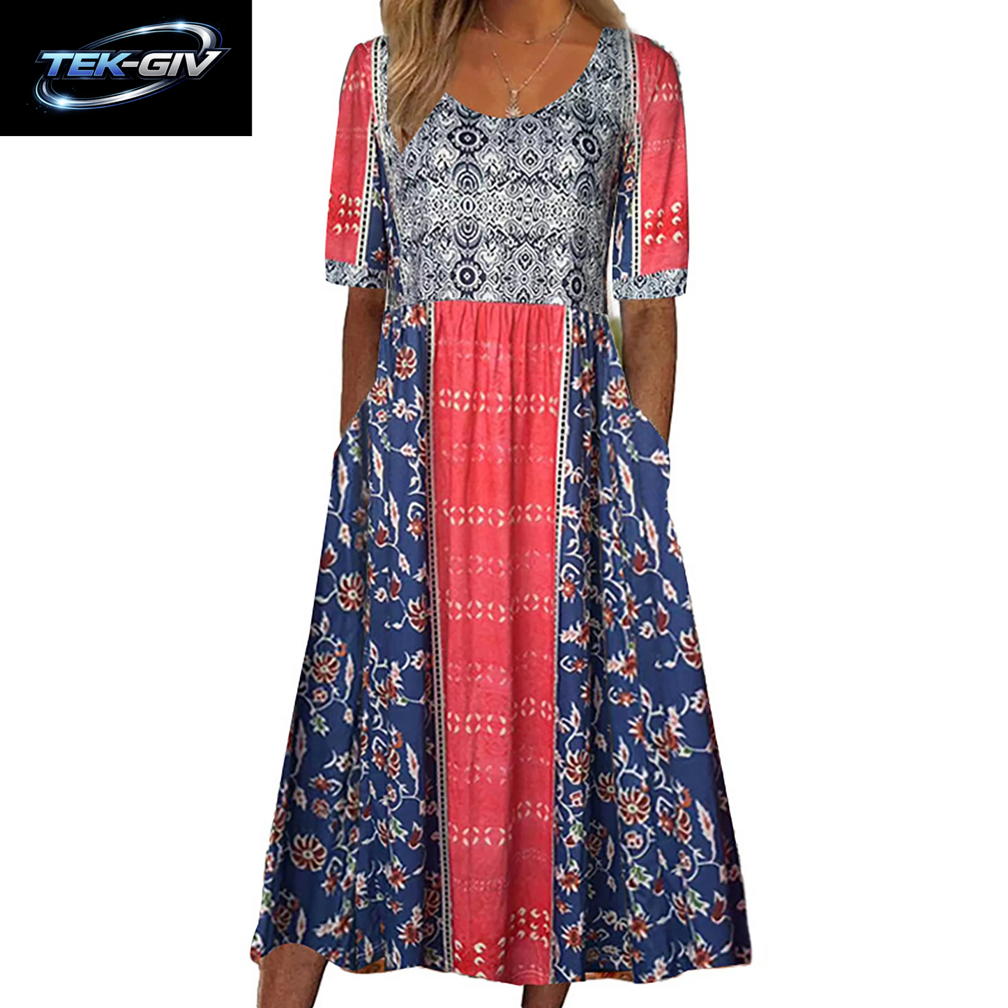 2023 Sommer Neue Frauen Böhmen Lose Mode Druck Rundhals Kurzarm Lange Kleid