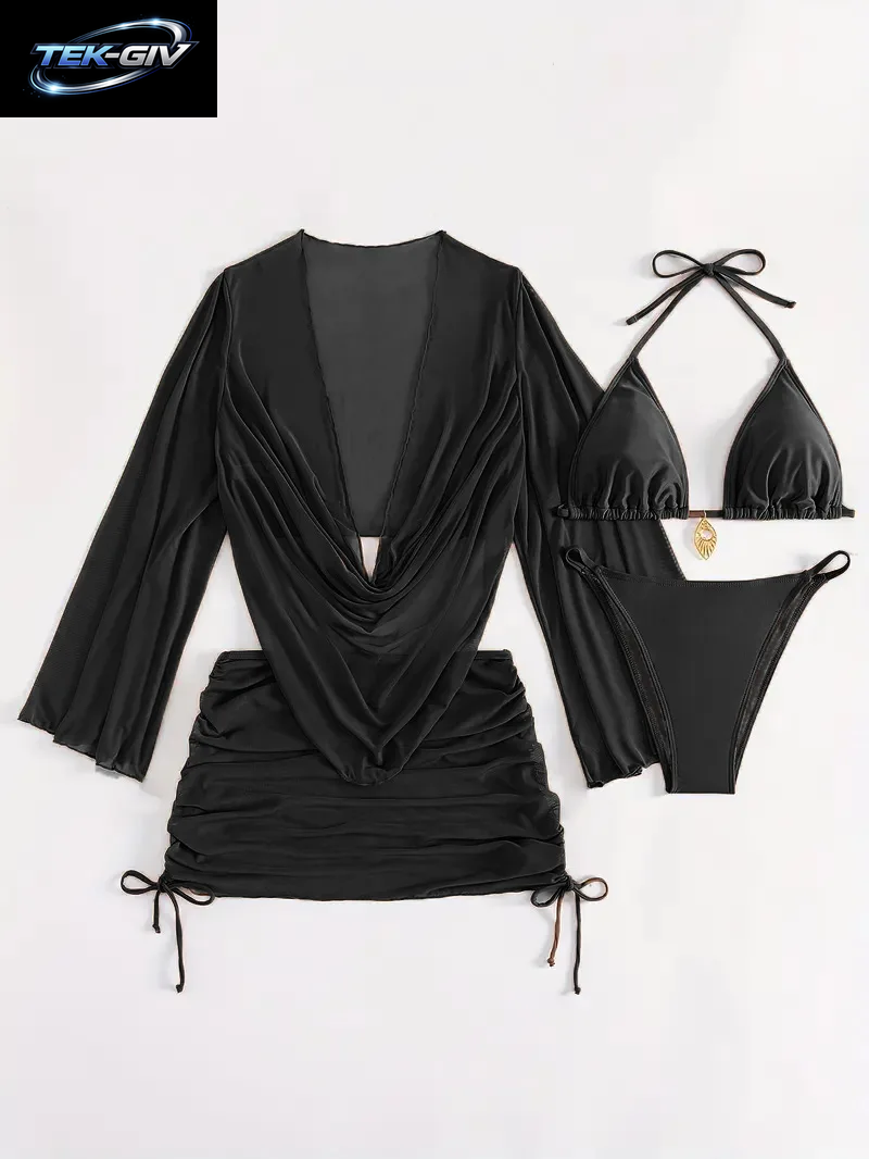 4-Teiliges Sexy Einfarbiges Bikini-Set Mit Transparentem Überzug, Geeignet Für Urlaub, Strandparty, Perfekt Für Neujahr Und Valentinstag