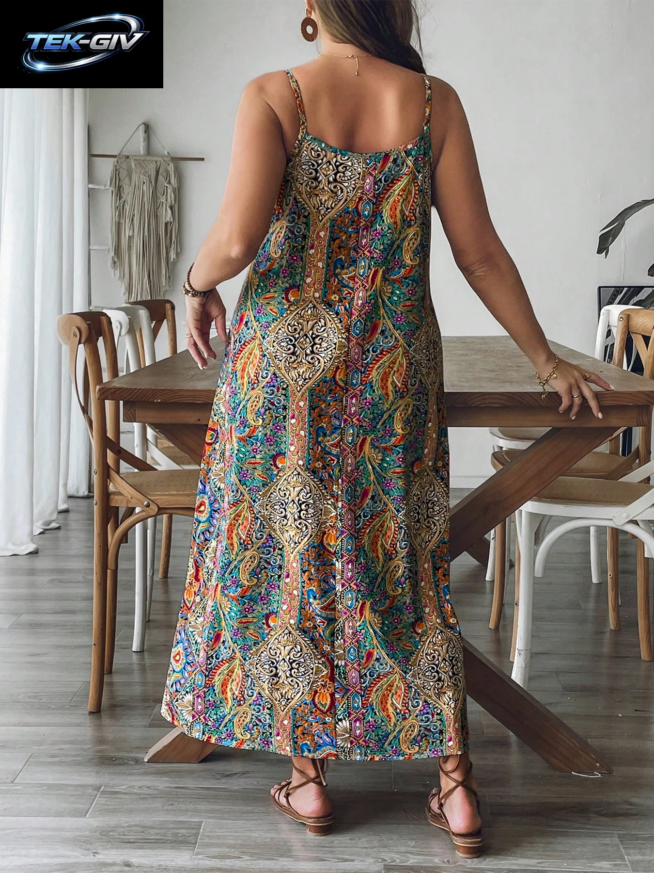 Übergröße Blumen-Paisley Maxikleid Fließendes Strand-Boho Urlaubskleid Sommerkleid