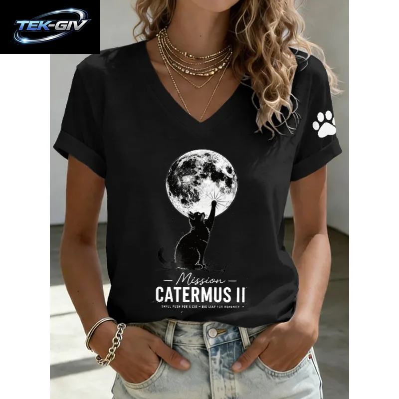 Ilstile Artemis II Damen-T-Shirts Mit Katzenmuster, Sommer-Kurzarm-Tops, Lässige T-Shirts Mit V-Ausschnitt, Schwarz-Weißes T-Shirt, Neu Eingetroffen