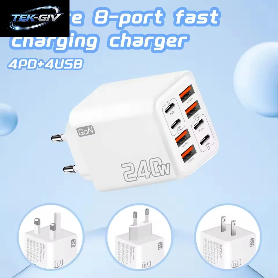 240W Gan Usb-C-Ladegerät 8-In-1 Schnellladegerät Für Iphone, Samsung, Xiaomi, Typ-C, Eu/Us-Stecker, Wandladegerät