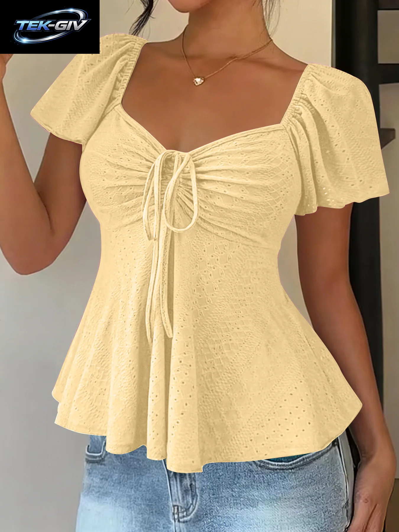2026 Frauen Y2K Sommer Tops V-Ausschnitt Kordelzug Sexy Spitze up Kurzarm Einfarbig Shirts Weibliche Elegante Casual Mode Blusen