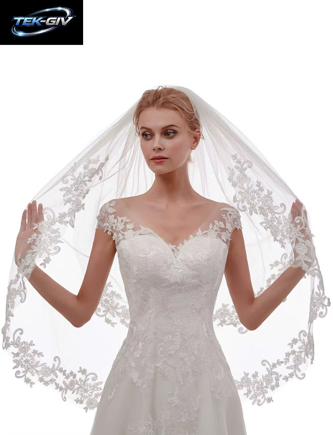 Kurzer 2-Stufiger Damen-Brautschleier Aus Spitze, 60/80 Cm, Mit Kamm, Zweilagiger Brautschleier