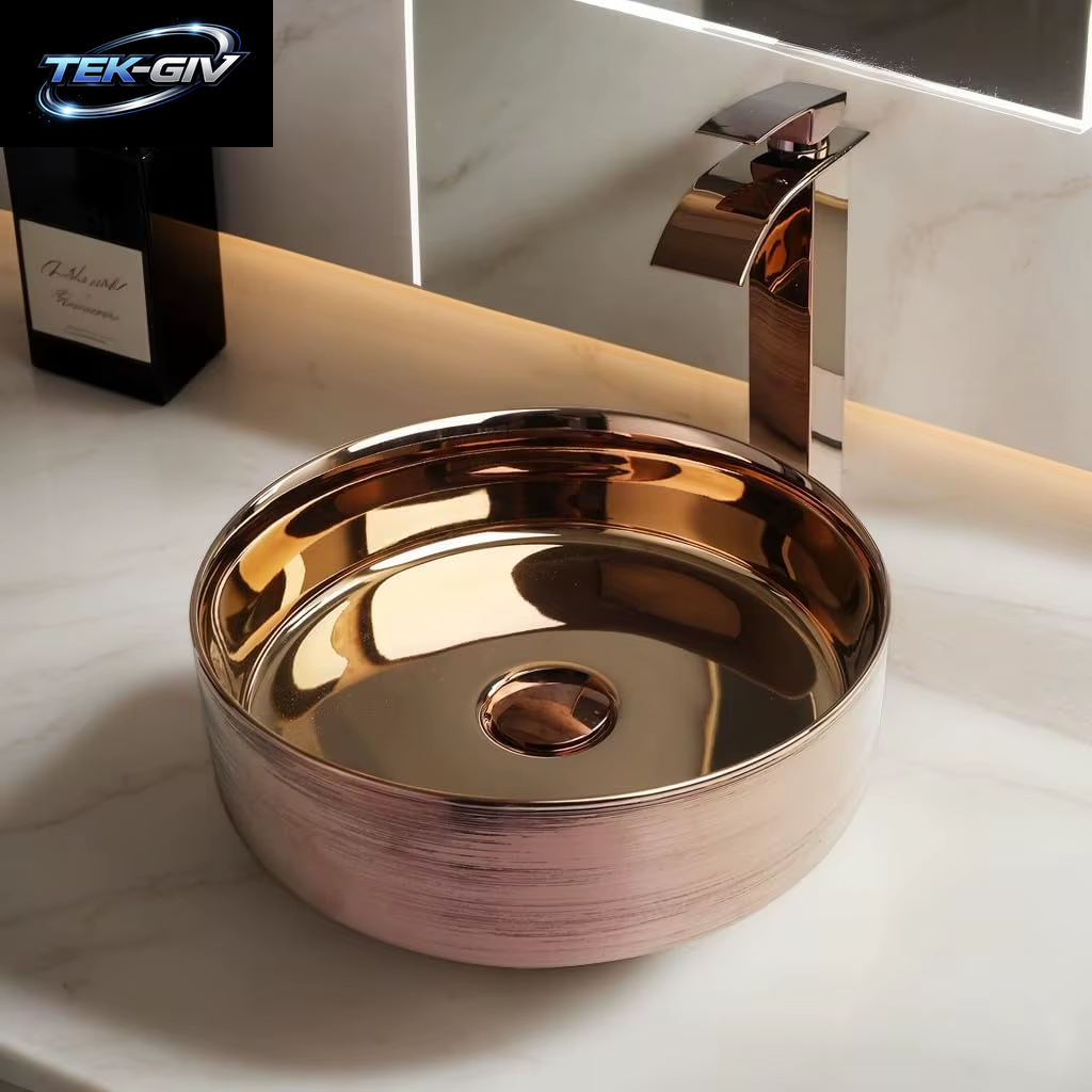 KEMAIDI Badezimmer-Waschbecken-Wasserhahn-Kombination, 35,6 Cm, Schüsselwaschbecken, Roségold, Waschbecken, Rundes Keramikwaschbecken Für Badezimmer, Theke