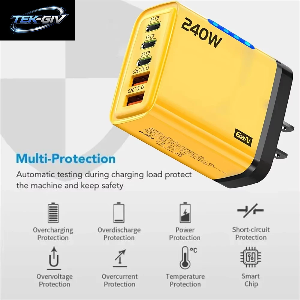 240W Gan-Schnellladegerät Mit Led-Licht 5-In-1 2Usb+3Type-C Multi-Port-Handy-Ladegerät Für Iphone 15-17 Serie Samsung Huawei Xiaomi 15