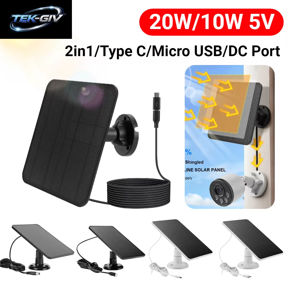 20/10 W Solarpanel Micro USB & USB-C Port Solarladepanel 9,8 Fuß Ladekabel 360 ° Einstellbare Montage Für Überwachungskamera