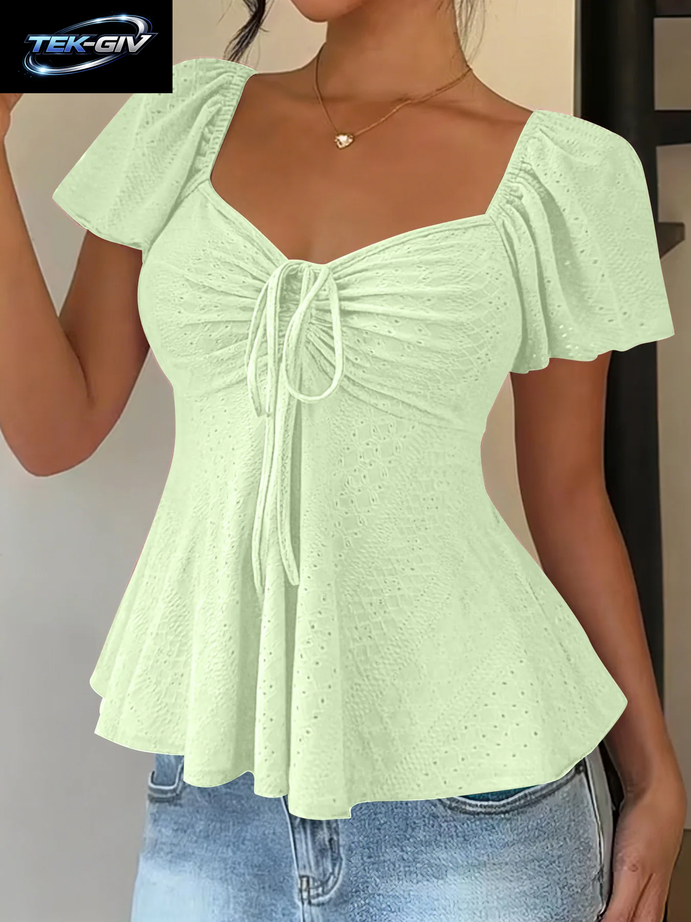 2026 Frauen Y2K Sommer Tops V-Ausschnitt Kordelzug Sexy Spitze up Kurzarm Einfarbig Shirts Weibliche Elegante Casual Mode Blusen