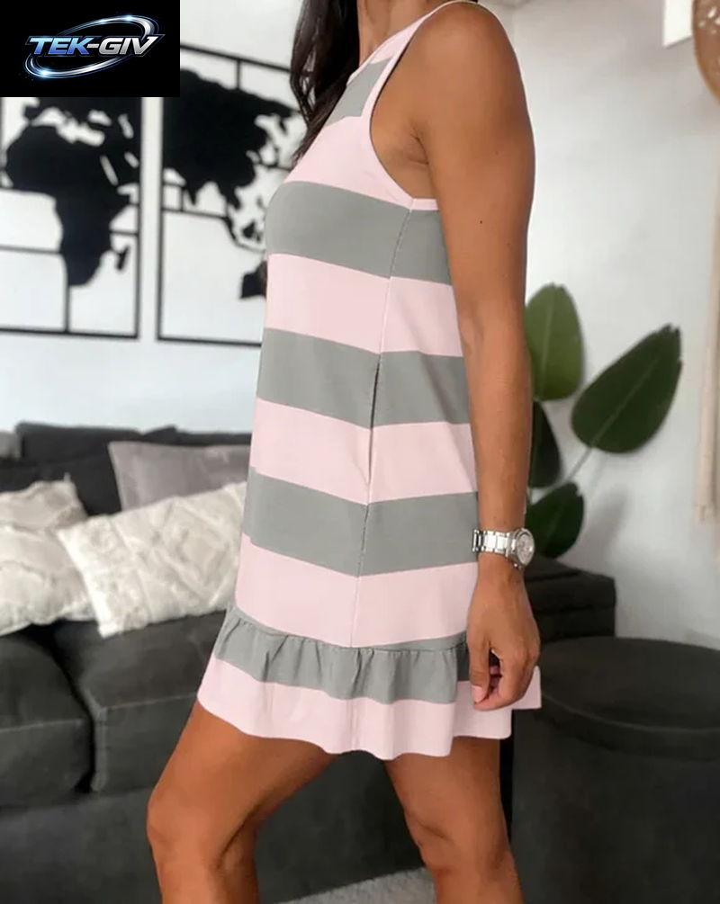 Ärmelloses Damenkleid Mit Kontraststreifen, Rundhalsausschnitt, Rüschensaum, A-Linien-Minirock Und Taschen Für Freizeitkleidung
