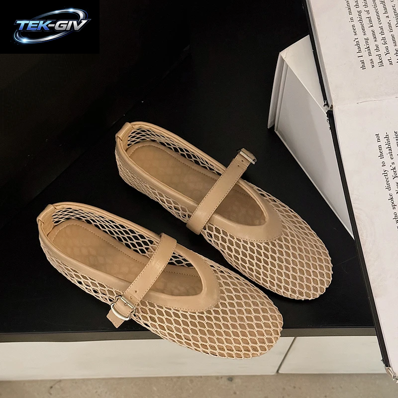 Im Sommer Tragen Runde Zehen, Gerade Schnallen, Lässig Und Bequem, Flache Damenschuhe, Ausgeschnittene Mary Jane-Einzelschuhe, Netzschuhe