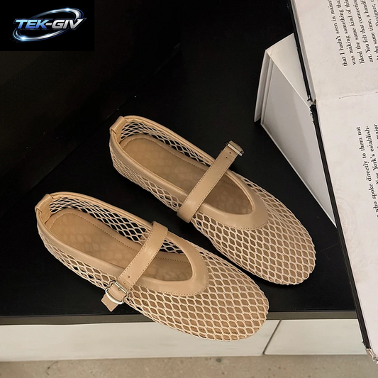 Im Sommer Tragen Runde Zehen, Gerade Schnallen, Lässig Und Bequem, Flache Damenschuhe, Ausgeschnittene Mary Jane-Einzelschuhe, Netzschuhe