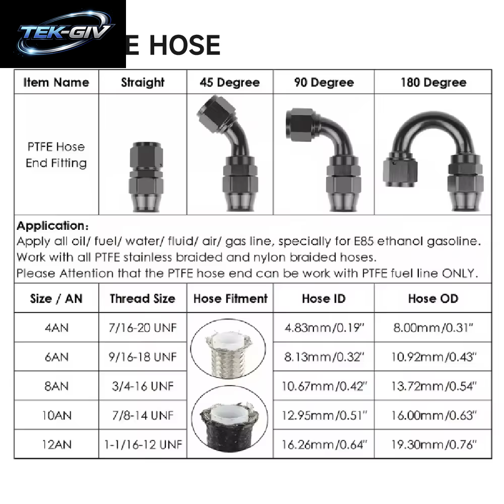 AN4/6/8/10 Gerade 0 ° /45 ° /90 ° /180 ° Grad PTFE Öl Kraftstoff Drehschlauch Ende Fitting Öl Schlauch Ende Adapter Kit Schwarz