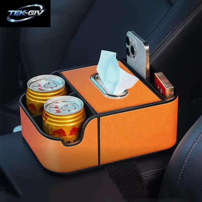 Universeller Auto-Armlehnen-Organizer Mit 2 Getränkehaltern Und Taschentuchbox – Aufbewahrungsbox Für Den Rücksitz Für Suv/Limousine-Innenzubehör