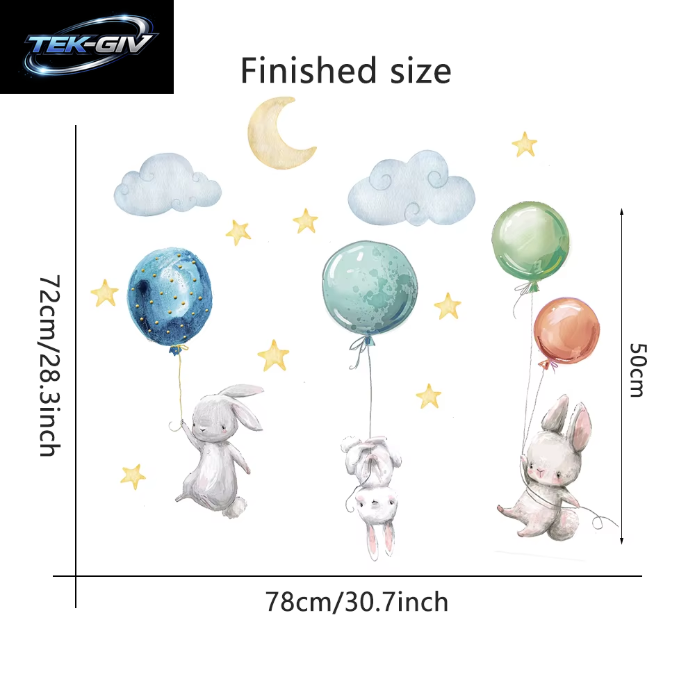 Niedliche Schöne Fliegende Kaninchen Wandaufkleber Luftballons Mond Stern Wolke Abnehmbarer Aufkleber Für Kinder Kinderzimmer Babyzimmer Dekor Poster Wandbild