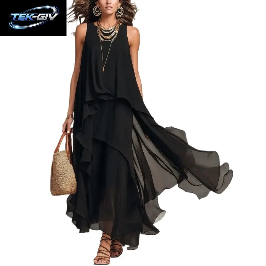 Elegantes Einfarbiges Damenkleid Sommerliches Lässiges O-Ausschnitt Ärmelloses Asymmetrisches Rüschen-Maxikleid Aus Chiffon Für Urlaub Und Partys