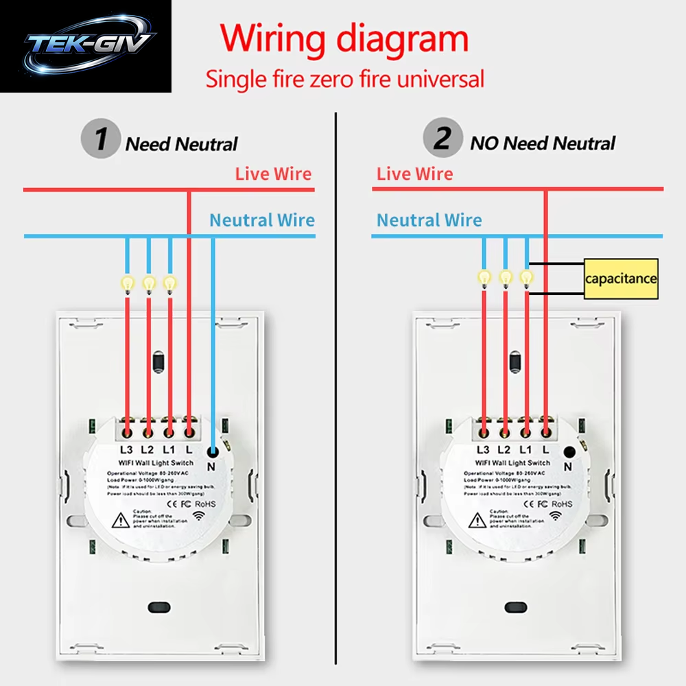 Tuya Smart Switches UNS RF433 1/2/3 Gang Kein Neutralleiter Touch Sensor LED Licht Wifi Wand Schalter Smart Home Alexa Google Hause