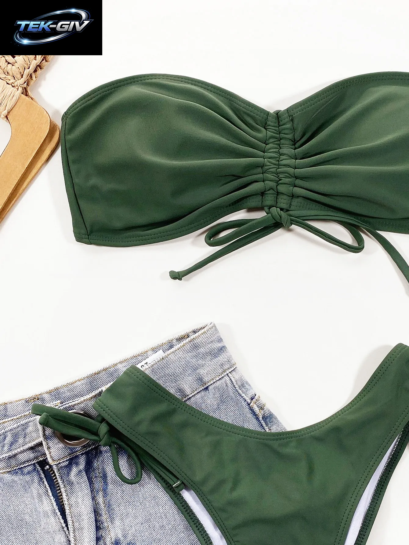 Bandeau-Bikini-Set Mit Kordelzug Vorne, Seitlich Gebunden, Hoch Geschnitten, Zweiteiliger Badeanzug Für Damen, Trägerloser Badeanzug